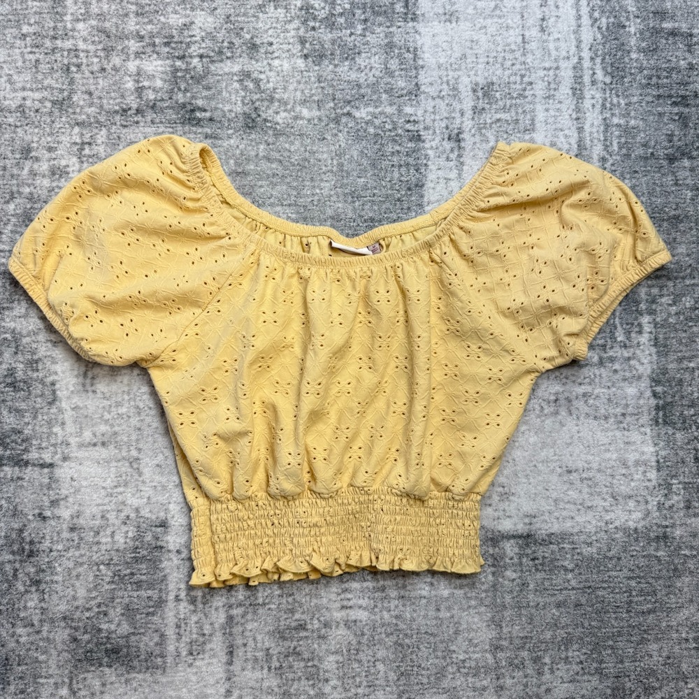 Butter Yellow Crop Top Womens Medium Eyelet Peasant Puff Sleeve Coquette Cottage